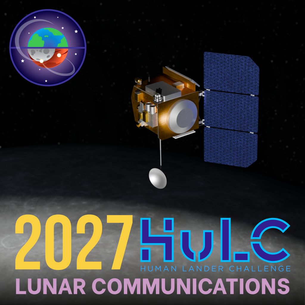 2027 HuLC Lunar Communications graphic featuring a Conceptual Lunar Communications and Navigation Orbiter above the Moon